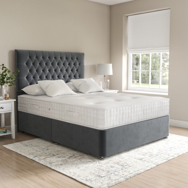 Grey Velvet Single Divan Bed with Chesterfield Headboard - Langston