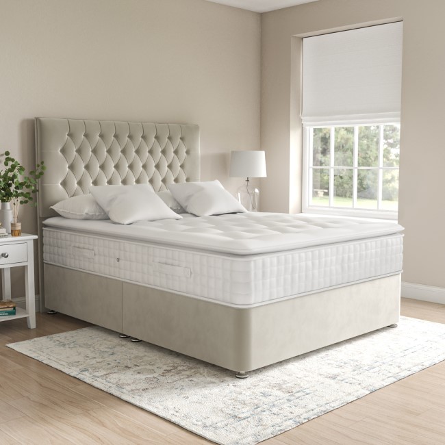 Beige Velvet Small Double Divan Bed with Chesterfield Headboard - Langston