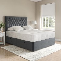 Grey Velvet Double Divan Ottoman Bed with Chesterfield Headboard - Langston