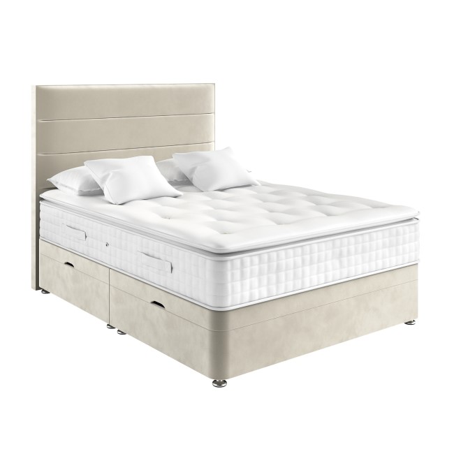 Beige Velvet Double Divan Ottoman Bed with Horizontal Stripe Headboard - Langston