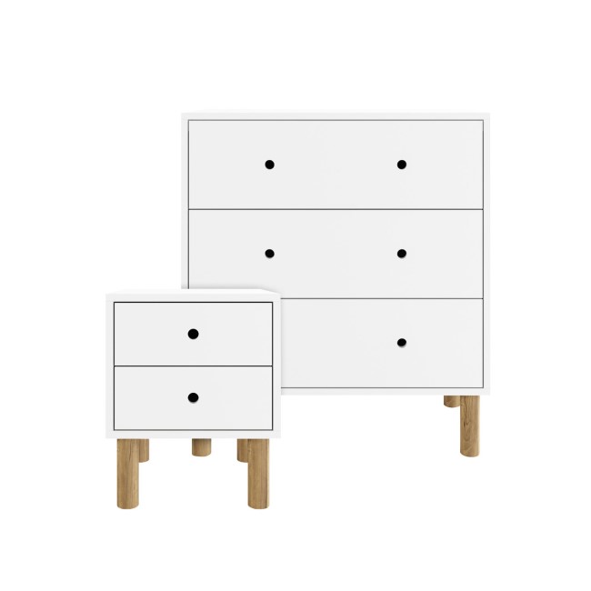 Kids White Bedside Table and Chest of Drawers Set - Juni