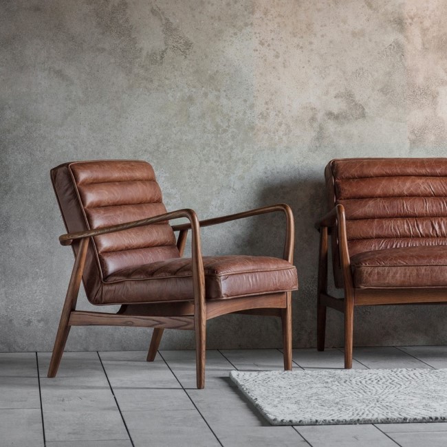 Brown Leather Accent Chair with Wooden Frame - Caspian House