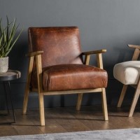 Brown Leather Accent Chair with Wooden Frame - Neyland - Gallery