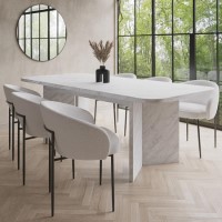 White Marble Effect Extendable Dining Table Set with 6 Cream Boucle Chairs - Seats 6 - Geneva