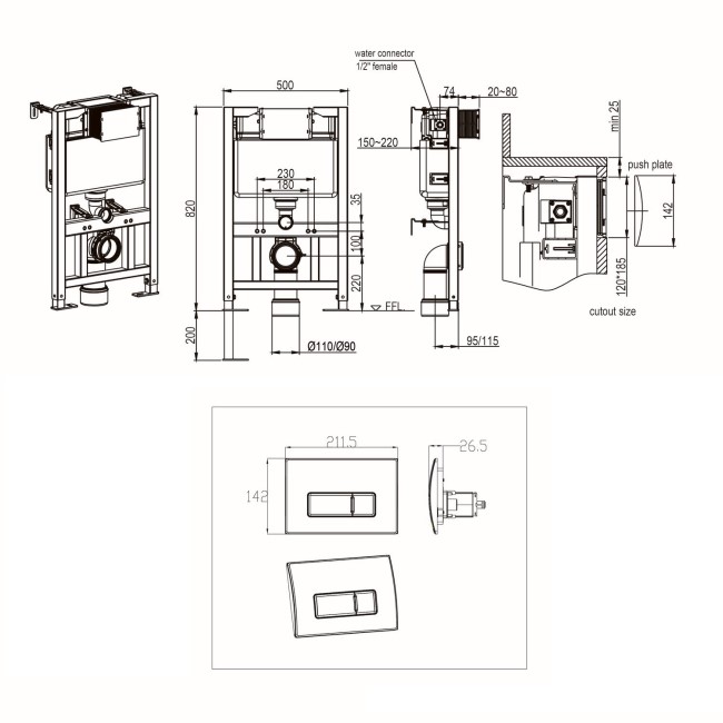 Albi Wall Hung Toilet 820mm Pneumatic Frame & Cistern & Chrome Flush Plate