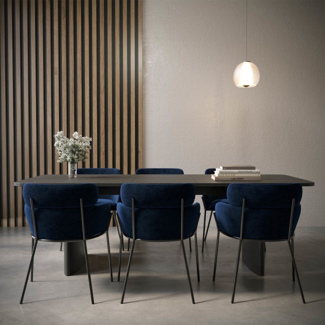 Black Oak Extendable Dining Table Set with 6 Navy Velvet Chairs - Seats 6 - Jarel