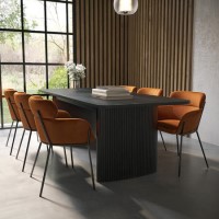 Black Oak Extendable Dining Table Set with 6 Burnt Orange Velvet Chairs - Seats 6 - Jarel