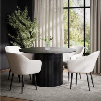 Round Black Oak Dining Table Set with 4 Cream Boucle Chairs - Seats 4 - Jarel