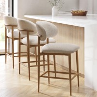 Set of 3 Beige Upholstered Curved Kitchen Stools With Solid Rustic Oak Exposed Back - Kori