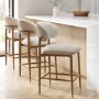 Set of 3 Beige Upholstered Curved Kitchen Stools With Solid Rustic Oak Exposed Back - Kori