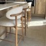 Set of 3 Beige Upholstered Curved Kitchen Stools With Solid Rustic Oak Exposed Back - Kori