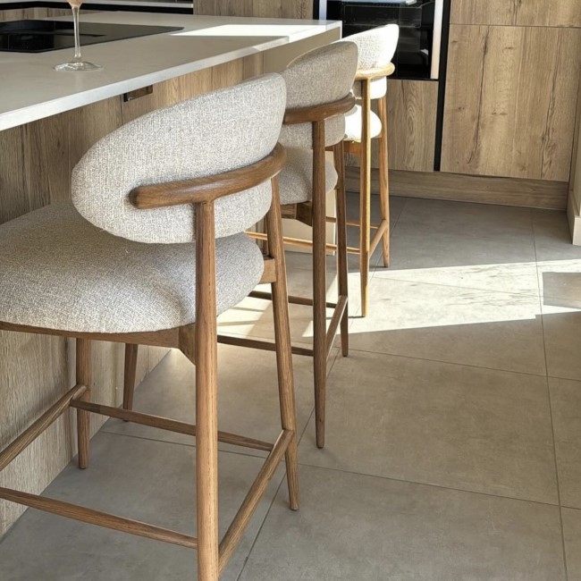 Set of 3 Beige Upholstered Curved Kitchen Stools With Solid Rustic Oak Exposed Back - Kori