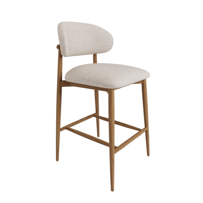 Beige Upholstered Curved Kitchen Stool with Solid Rustic Oak Exposed Back - Kori