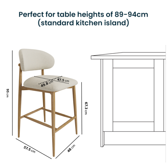 Set of 2 Cream Upholstered Curved Kitchen Stools with Limewash Solid Oak Exposed Back - Kori