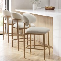 Set of 3 Cream Upholstered Curved Kitchen Stools with Limewash Solid Oak Exposed Back - Kori