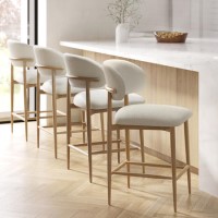 Set of 4 Cream Upholstered Curved Kitchen Stools with Limewash Solid Oak Exposed Back - Kori