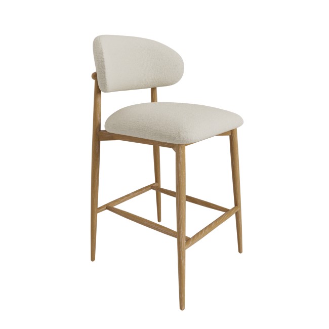 Set of 3 Cream Upholstered Curved Kitchen Stools with Limewash Solid Oak Exposed Back - Kori