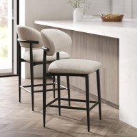 Set of 2 Cream and Black Upholstered Curved Kitchen Stools With Wooden Exposed Back - Kori