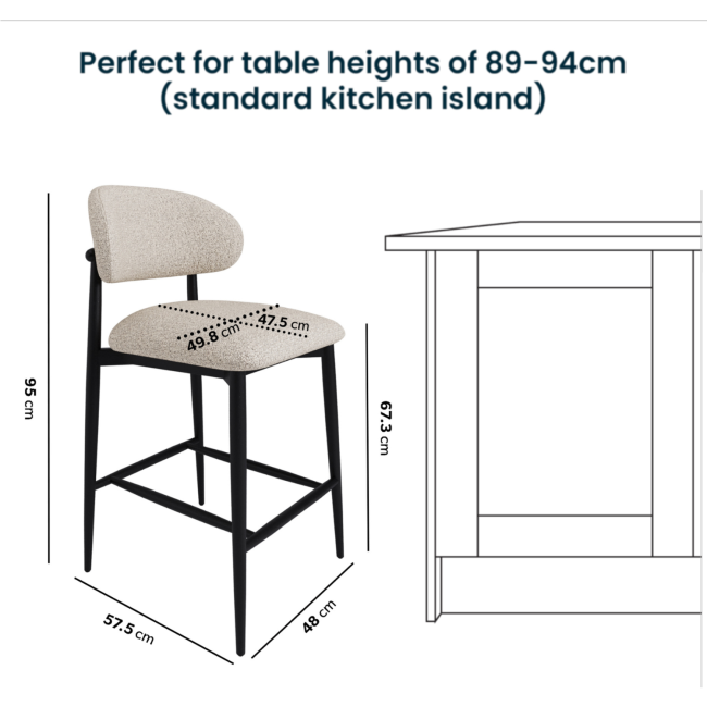 Set of 2 Cream and Black Upholstered Curved Kitchen Stools With Wooden Exposed Back - Kori