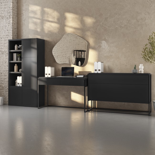 Matt Black Office Desk with Bookcase and Storage Cabinet Set - Larsen