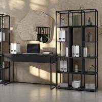 Matt Black Office Desk and Tall Metal Bookcase Set - Larsen