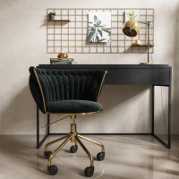 Matt Black Computer Desk with Drawer & Black Velvet Knotted Office Chair Set  - Larsen - Verity