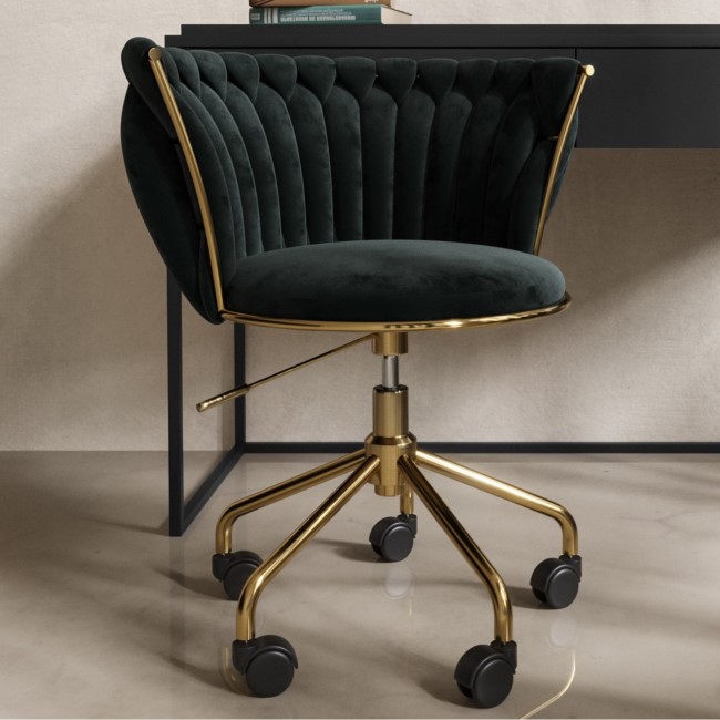 Matt Black Computer Desk with Drawer & Black Velvet Knotted Office Chair Set  - Larsen - Verity