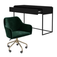 Black Wood & Green Velvet Office Desk and Chair Set - Larsen