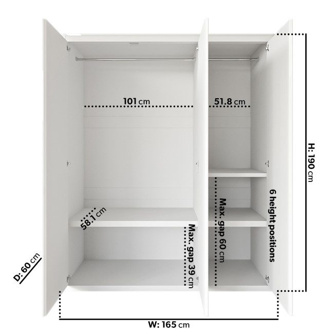 White Gloss 3 Door Wardrobe with Soft Close Doors - Lexi