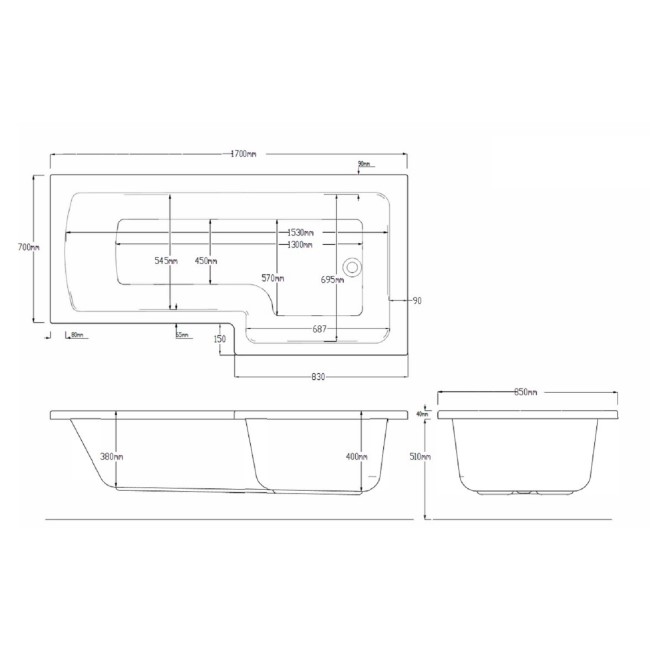 L Shape Right Hand Whirlpool Spa Shower Bath with 14 Whirlpool Jets with Front Panel & Chrome Bath Screen 1700 x 850mm - Lomax