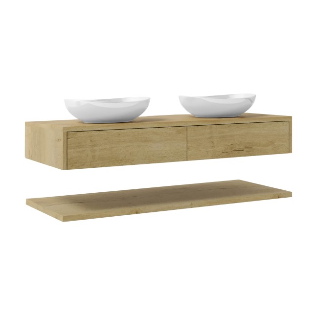 1200mm Wood Effect Wall Hung Double Countertop Vanity Unit with Oval Basin and Shelf - Lugo