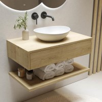 800mm Wood Effect Wall Hung Countertop Vanity Unit with Oval Basin and Shelf - Lugo