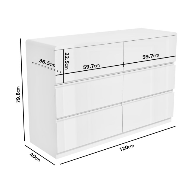 Kids Wide White High Gloss Chest of 6 Drawers - Lyra