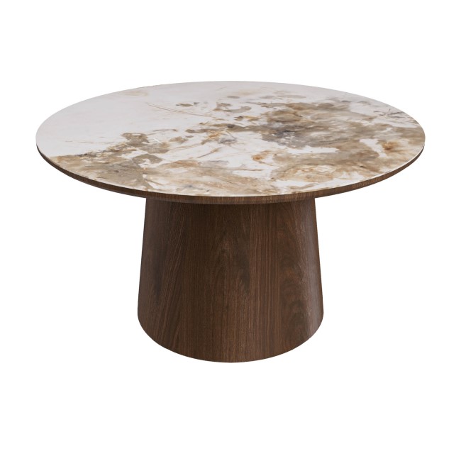 Neutral Round Ceramic Nest of 2 Tables with Walnut Pedestal Bases - Malia