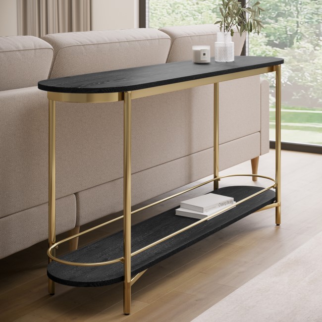 Large Black Wood and Gold Console Table with Storage Shelf - Myla