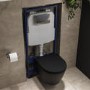 Matt Black Wall Hung Rimless Toilet with Soft Close Seat, Chrome Pneumatic Flush Plate, 1170mm Frame & Cistern - Newport