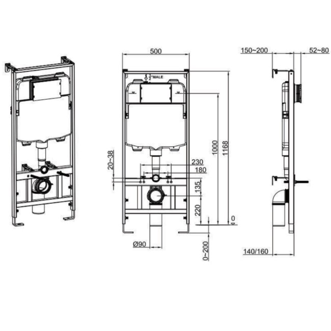 Matt Black Wall Hung Rimless Toilet with Soft Close Seat, Brushed Brass Pneumatic Flush Plate, 1170mm Frame & Cistern - Newport