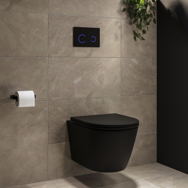 Matt Black Wall Hung Rimless Toilet with Soft Close Seat, Black Glass Sensor Pneumatic Flush Plate, 1170mm Frame & Cistern - Newport