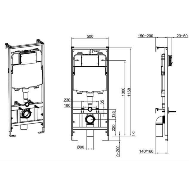 Matt White Wall Hung Rimless Toilet with Soft Close Seat, Brushed Brass Mechanical Flush Plate with 1160mm Frame & Cistern - Newport