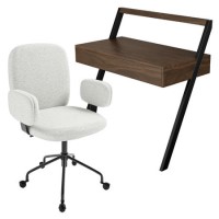 Walnut & Cream Boucle Office Leaning Desk and Chair Set - Nico