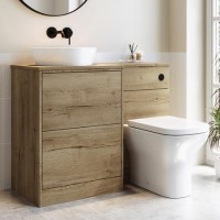 1100mm Wood Effect Left Hand Toilet and Sink Unit with Triangular Basin and Black Fittings - Palma