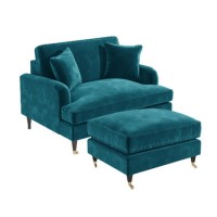 Teal Velvet Love Seat and Footstool - Payton