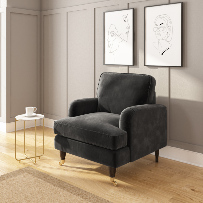 Charcoal Velvet Armchair and Footstool Set - Payton