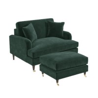 Dark Green Velvet Love Seat and Footstool - Payton