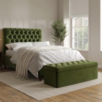 Olive Green Velvet King Size Ottoman Bed with Matching Blanket Box - Pippa