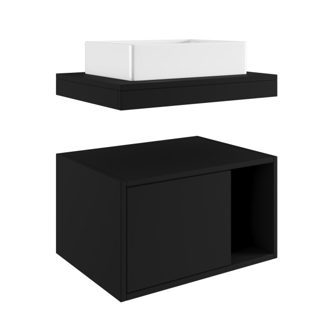 600mm Black Wall Hung Countertop Vanity Unit with Rectangular Basin and Shelves - Porto