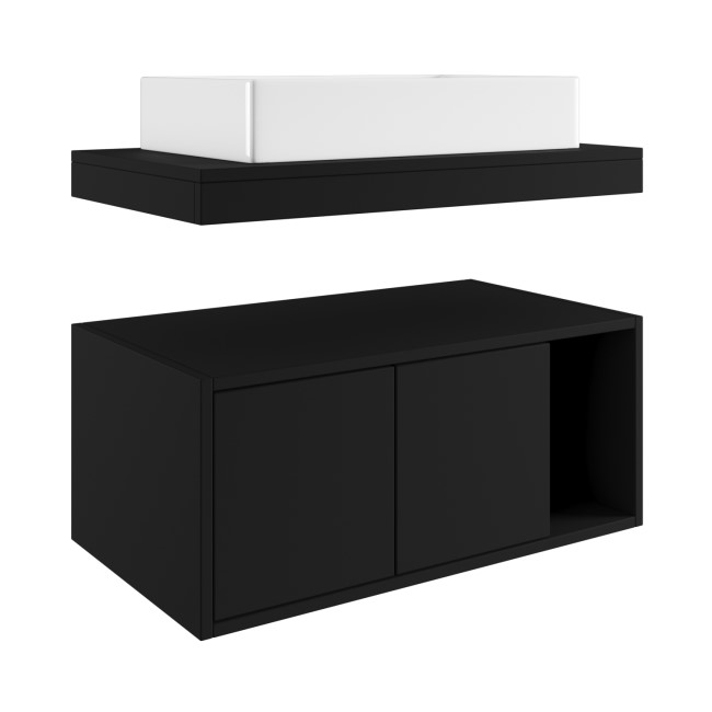 800mm Black Wall Hung Countertop Vanity Unit with Rectangular Basin and Shelves - Porto