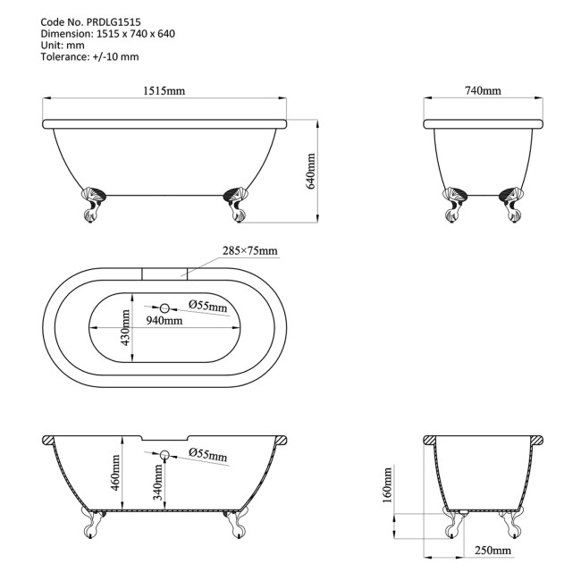 Freestanding Dark Green  Double Ended Roll Top Bath with White Feet 1515 x 740mm - Park Royal