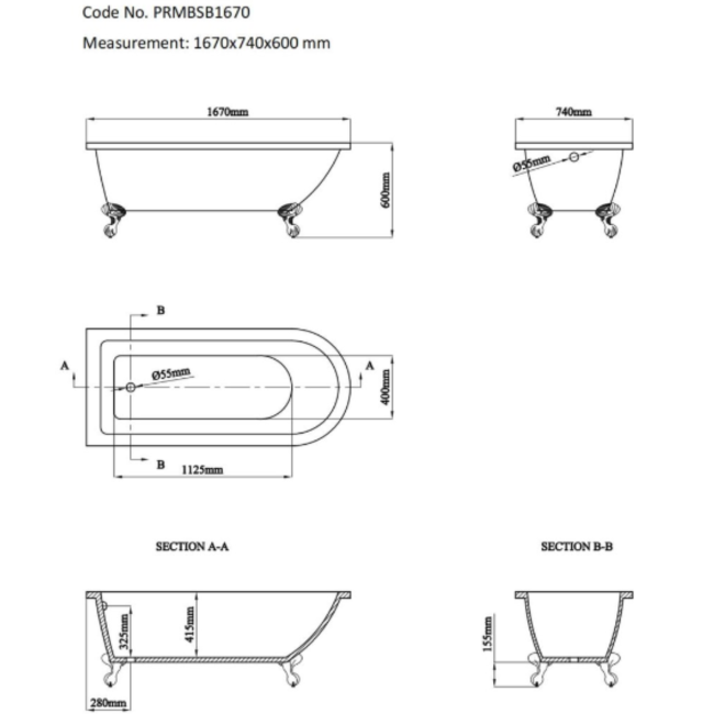 Black Freestanding Single Ended Bath with Brass Feet 1670 x 740mm - Park Royal