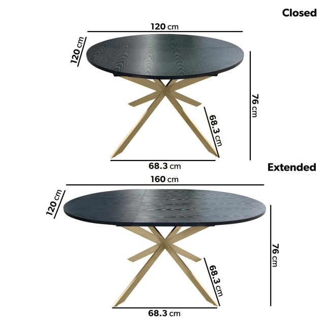 Round to Oval Black Wooden Extendable Dining Table with Gold Legs - Seats 4 - 6 - Reine